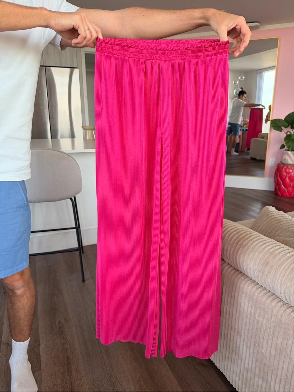 Pink Elastic-Waist Wide-Leg Pants